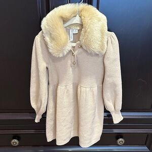 Janie and Jack Camel Knit Dress with removable Faux Fur Collar